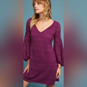 Anthropologie Maeve Laila Balloon sleeve crochet purple dress S Great Pr-Owned
